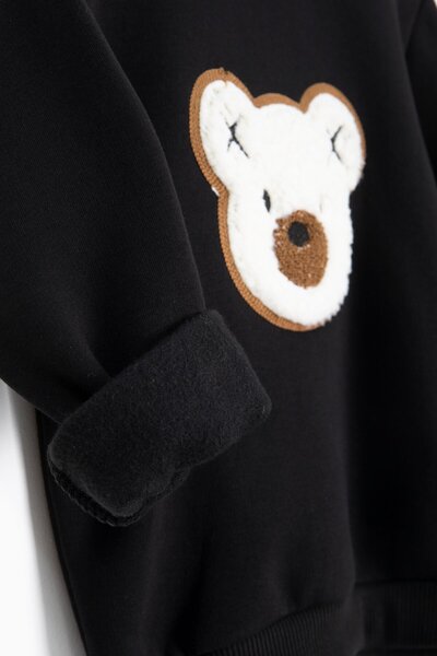 Cansın Mini Μαύρο αρκουδάκι κεντημένο επένδυση fleece αγορίστικο κοστούμι 23336