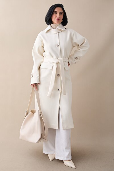 InStyle Λευκό παλτό με επένδυση με επένδυση με κορδόνια και τσέπη με καπάκι