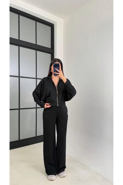 Gaus Black Zippered Cardigan Elastic Waist Pants Modal Set Gaus-00665