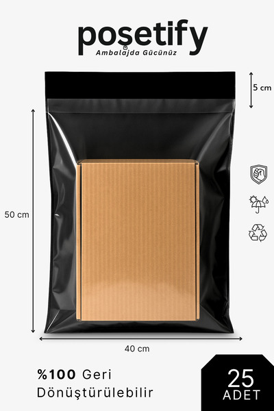 POŞETİFY Tek Tarafı Şeffaf Kargo Poşeti 40X50X5 cm | 25 Adet | Siyah | Yapışk...