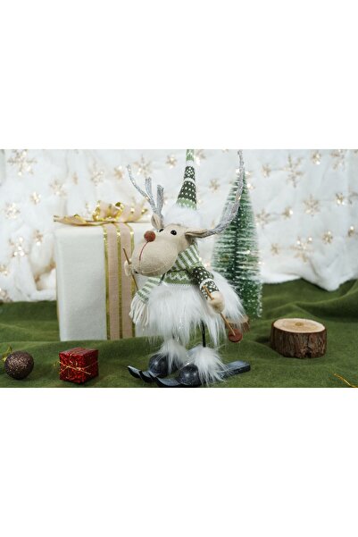 OEM Christmas ornament reindeer on skis model 2, white/green, textile, 33 cm