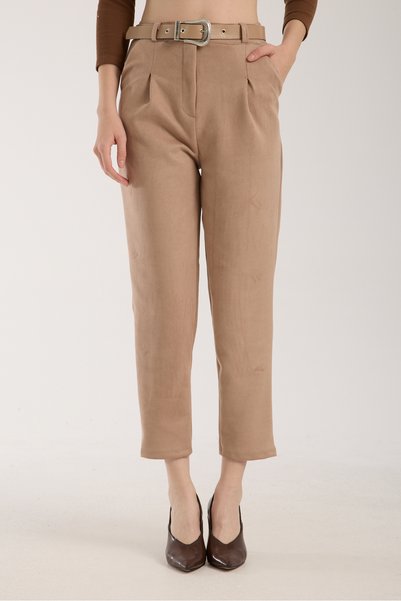 TheyYou Suede Fabric Belted Pleated Women Pants