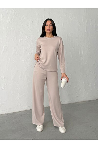 BEJNA Women's Beige Modal Long Sleeve Soft Touch Sportswear Set