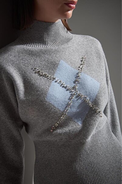 JOIN US Mock Neck Gray Knit Sweater with Diamond Pattern