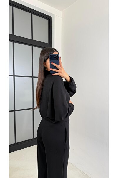 Gaus Black Zippered Cardigan Elastic Waist Pants Modal Set Gaus-00665