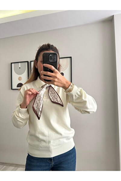 TB Butik Soft Textured - Satin Scarf - Polo Neck Knit Long Sleeve Sweater