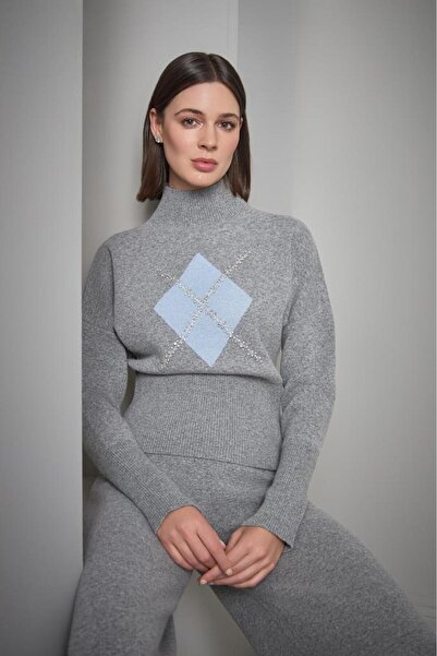 JOIN US Mock Neck Gray Knit Sweater with Diamond Pattern