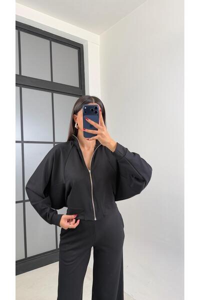 Gaus Black Zippered Cardigan Elastic Waist Pants Modal Set Gaus-00665