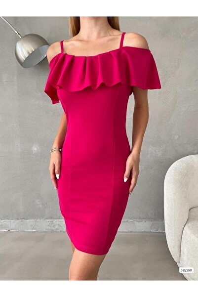 Modafeminen Вечерна рокля с деколте тип „Мадона“, тънки презрамки, набори и волани Arizona 582588 Фуксия