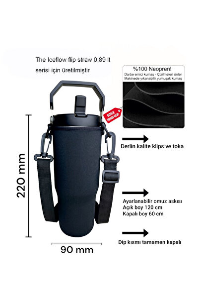 MELA Flip Straw tumbler 0.89 lt neopren termos kılıfı ve Omuz Askısı