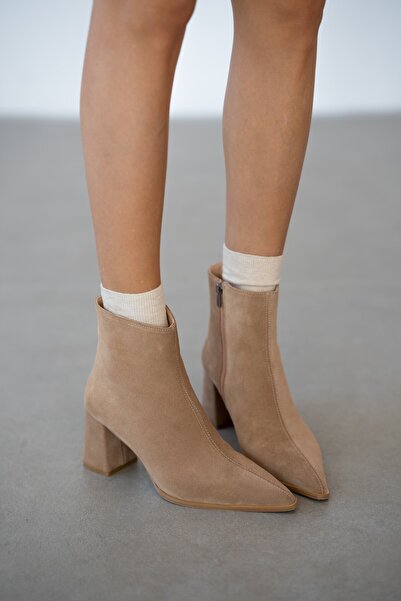 selin shoes Elour Genuine Leather Side Zipper Pointed Toe Women's Boots - Beige Suede