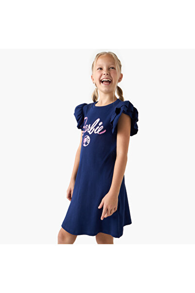 mattel Barbie Print Dress with Ruffle Sleeves