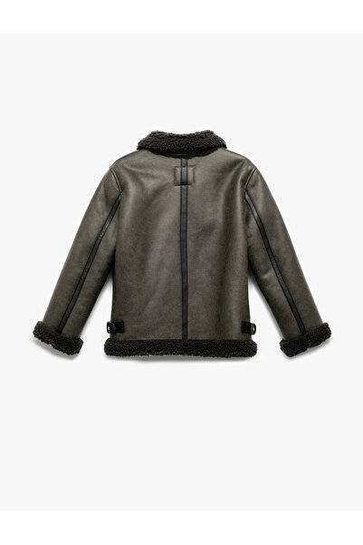 Koton Plush Detailed Shirt Collar Long Sleeve Oversized Biker Jacket