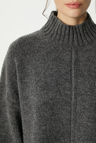 Ritnice Women's Wonder Soft Mock Neck Anthracite Slit Oversized Knitwear Sweater