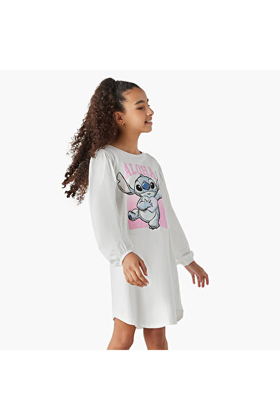 Disney Stitch Print T-shirt Dress with Round Neck and Long Sleeves