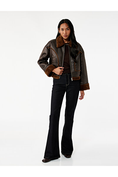 Koton Дългоръкавна, с джобове, цип, плюшена яка, изкуствена кожа, къса мотоциклетна яке