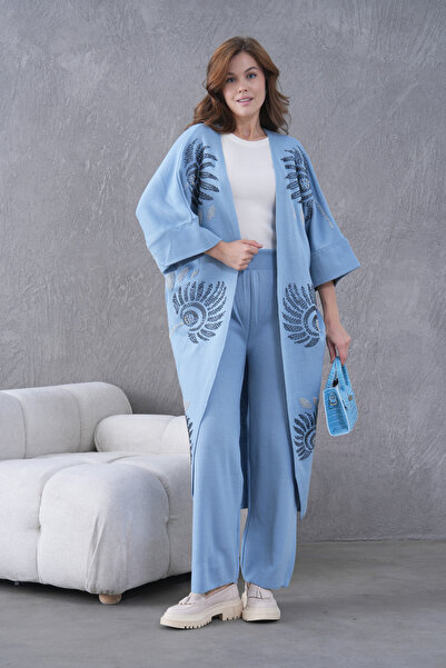 Miss Allos Women's Beaded Wide-Fit Knitwear Cardigan and Pants Bottom-Top Set