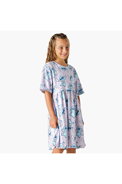 Disney فستان مطبوع عليه غرزة ورقبة دائرية وأكمام قصيرة