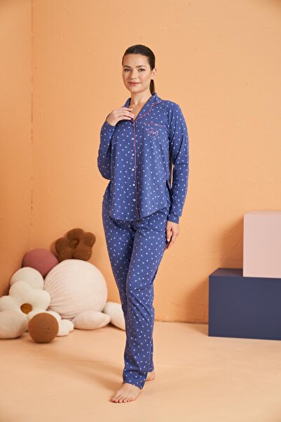 PJS %100 Pamuk Süprem Düğmeli Kalp Desenli Biyeli Mavi Pijama Takım - Uzun Kol