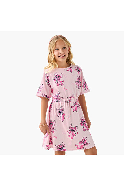Disney Angel Print Dress with Elasticated Waist and Short Sleeves