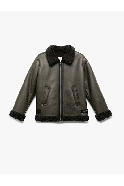 Koton Plush Detailed Shirt Collar Long Sleeve Oversized Biker Jacket