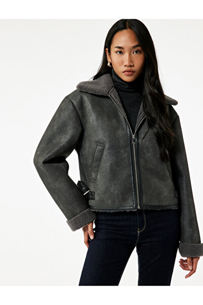 Koton Long Sleeve Zippered Crop Plush Collar Suede Look Biker Jacket