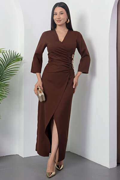 PULLIMM Double-Breasted Collar Fakir Sleeve Slit Dress Yzc205