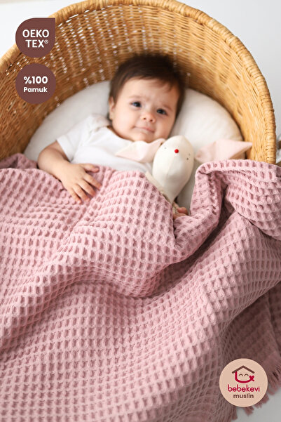 Bebekevi بطانية وافل من القطن 100% معتمدة من EOKO-TEX باللون الوردي