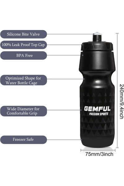 GEMFUL Cycling Water Bottle BPA Free 750ml 2 Pack (Black)