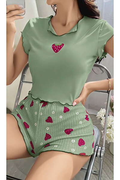 pilelistore طقم بيجامة مع شورت بحزام منقوش بالفراولة الخضراء