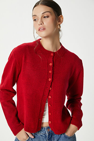 Ritnice Women's Nina Crew Neck Red Basic Cardigan