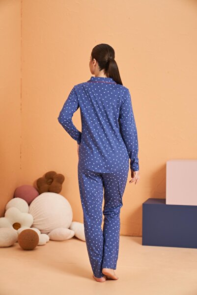 PJS %100 Pamuk Süprem Düğmeli Kalp Desenli Biyeli Mavi Pijama Takım - Uzun Kol