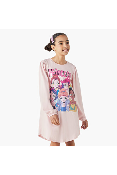 Disney Princess Print T-shirt Dress with Long Sleeves
