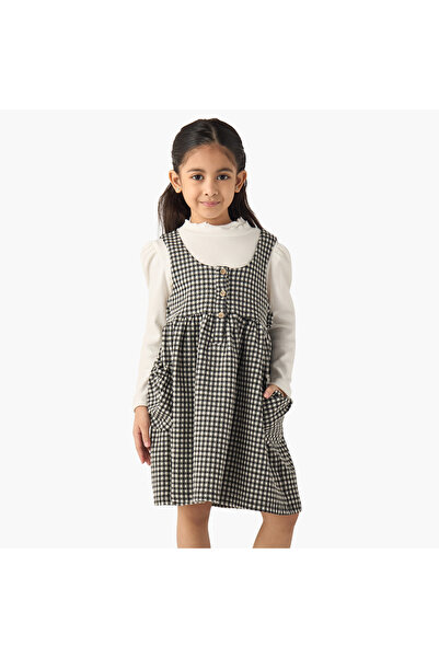 Lee Cooper Solid Long Sleeves T-shirt and Checked Pinafore Set