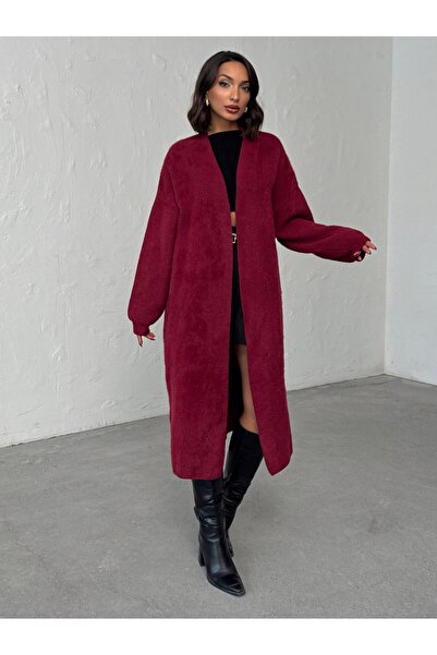 BEJNA Women's Burgundy Soft Textured Midi Knit Cardigan