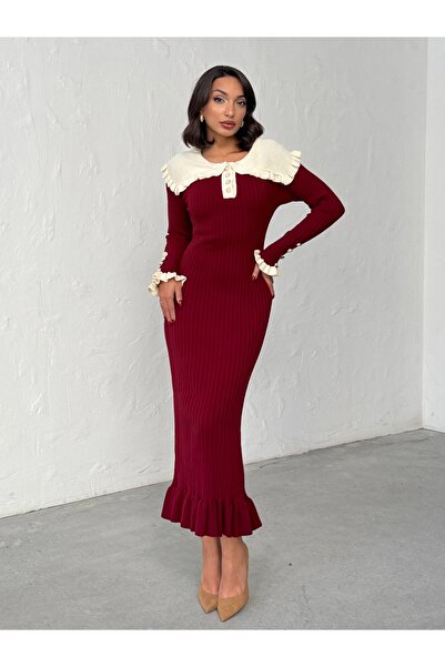 BEJNA Women's Burgundy Peter Pan collar Pearl Buttoned Flounced Long Knitwear Dress