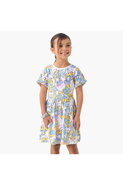 IMPS فستان بطبعة السنافر برقبة دائرية وأكمام قصيرة