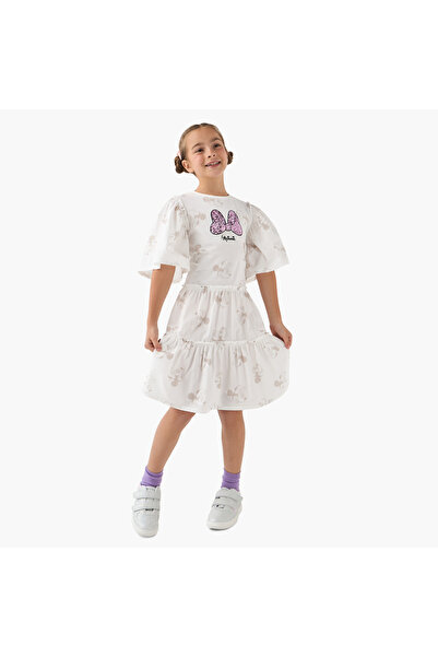 mattel All-Over Minnie Mouse Print Tiered Dress with Flared Sleeves