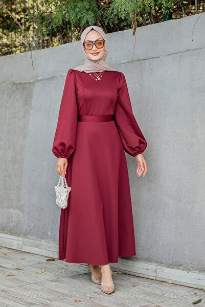 Tesettür Çarşım Luvi Pufy Dalgıç Balon Kollu Elbise-Kırmızı