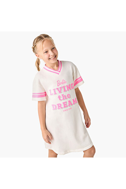 mattel Barbie Logo Print V-neck T-shirt Dress with Short Sleeves