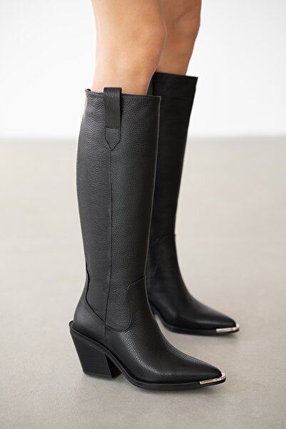 selin shoes Avyssa Genuine Leather Short Zippered Pointed Toe Women's Boots - Black