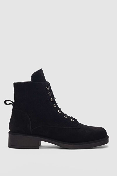 selin shoes Sivora Genuine Leather Lace-Up and Side Zipper Blunt Toe Women's Boots - Black Suede