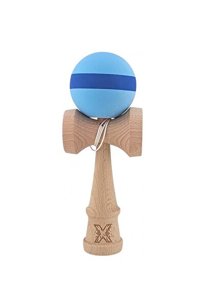 Kendama X Originala, Profesionala, 18 cm din Lemn, Model cu Dunga, Bleu/Albastru