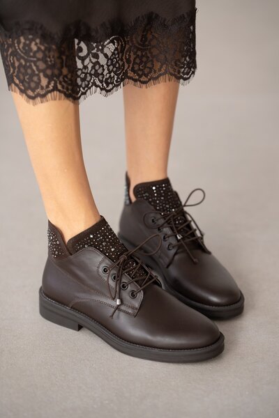 selin shoes Navin Genuine Leather Stone Detailed Lace-Up Women's Shoes - Brown