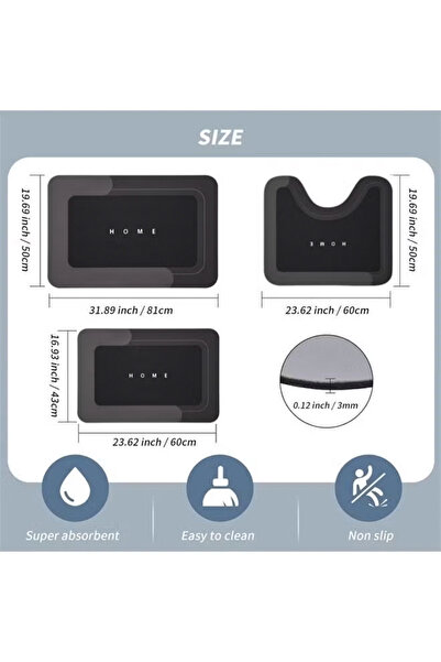 Generic 3 Pack Diatom Mud Bath Mat Set, Non-slip Rubber Floor Mats, Extra Soft Absorbent U-Shaped Toilet Rug