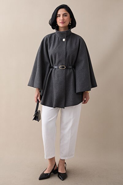 InStyle Belted Cashmere Anthracite Short Poncho