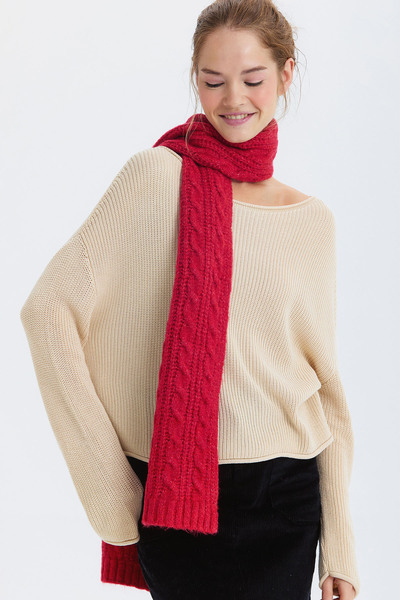 Clandestino Knitted Patterned Medium Size Scarf Red