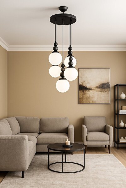 OSC HOME AYDINLATMA TASARIM Spor Siyah Avize 5 Li beyaz cam