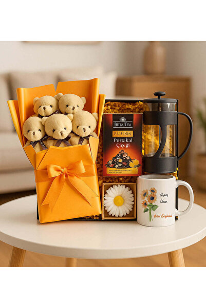 Theikonstore Ayıcık Buketi & French Press & Beta Tea & Kupa & Mum Hediye Seti