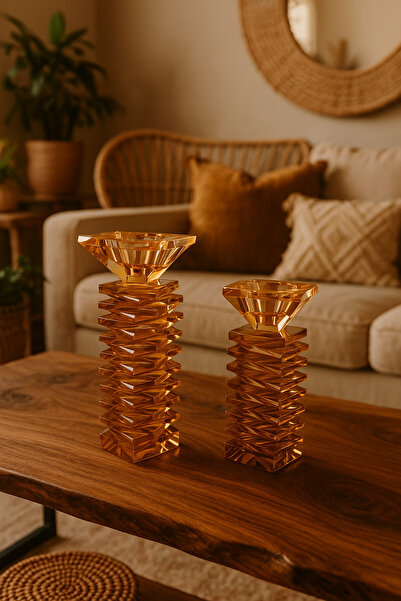 Kiri Dekoratif Kristal Cam İkili Kare Şamdan Amber(Bal)